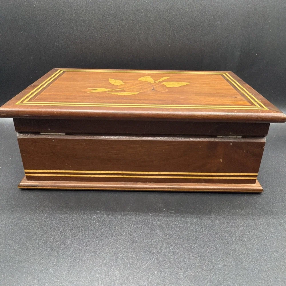 Vtg Wood Jewelry Box 3 Tone Rose Floral Inlay Brazil Yellow Lining 9.5x6.25